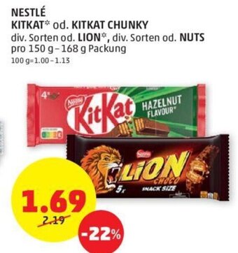 PENNY NESTLÉ KITKAT* od. KITKAT CHUNKY div. Sorten od. LION*, div. Sorten od. NUTS pro 150 g-168 g Packung Angebot