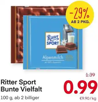 MPreis Ritter Sport Bunte Vielfalt 100 g, ab 2 billiger Angebot