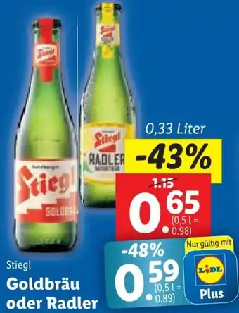 Lidl Stiegl Goldbräu oder Radler 0,33 Liter Angebot