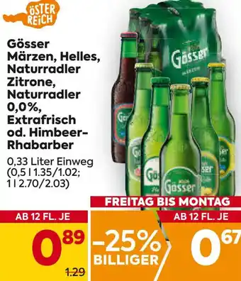 Billa Gösser Märzen, Helles, Naturradler Zitrone, Naturradler 0,0%, Extrafrisch od. Himbeer-Rhabarber 0,33 Liter Angebot