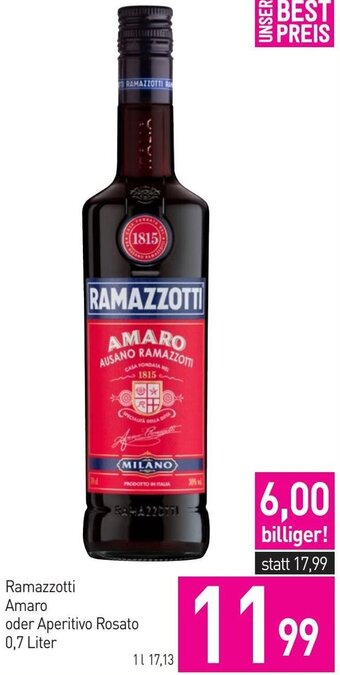Sutterlüty Ramazzotti Amaro oder Aperitivo Rosato 0,7 Liter Angebot