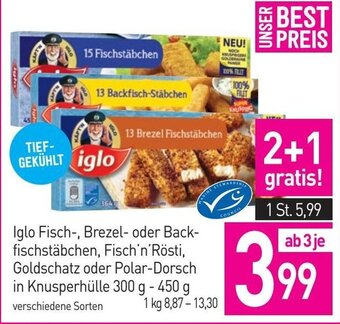Sutterlüty Iglo Fisch-, Brezel- oder Back-fischstäbchen, Fisch'n'Rösti, Goldschatz oder Polar-Dorsch in Knusperhülle 300 g - 450 g Angebot