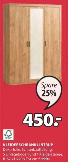 JYSK KLEIDERSCHRANK LINTRUP Dekorfolie. Schrankaufteilung: 5 Einlegeböden und 1 Kleiderstange. B157 x H220 x T61 cm Angebot