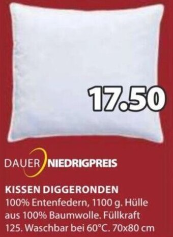 JYSK KISSEN DIGGERONDEN 100% Entenfedern, 1100 g. Hülle aus 100% Baumwolle. Füllkraft 125. Waschbar bei 60°C. 70x80 cm Angebot