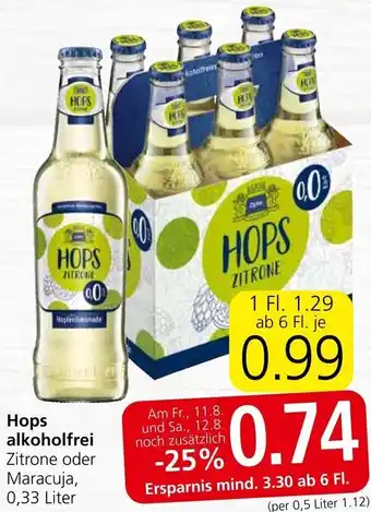 Spar Hops alkoholfrei Zitrone oder Maracuja, 0,33 Liter Angebot
