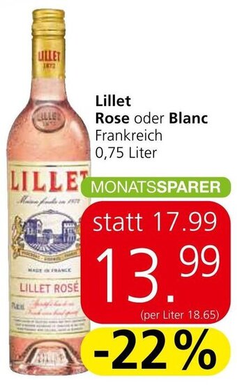 Spar Lillet Rose oder Blanc Frankreich 0,75 Liter Angebot