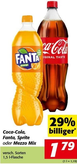 Nah&Frisch Coca-Cola, Fanta, Sprite oder Mezzo Mix versch. Sorten 1,5 l-Flasche Angebot