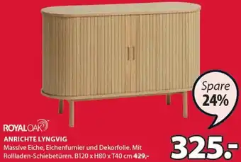 JYSK ROYAL OAK ANRICHTE LYNGVIG Massive Eiche, Eichenfurnier und Dekorfolie. Mit Rollladen-Schiebetüren. B120 x H80 x T40 cm Angebot