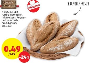 PENNY KNUSPERECK rustikales Weckerl mit Weizen-, Roggen-und Hafermehl pro 80 g Stück Angebot