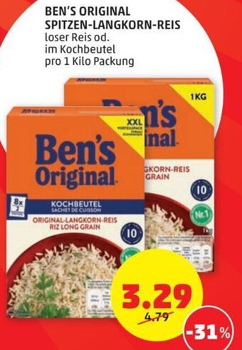 PENNY BEN'S ORIGINAL SPITZEN-LANGKORN-REIS loser Reis od. im Kochbeutel pro 1 Kilo Packung Angebot