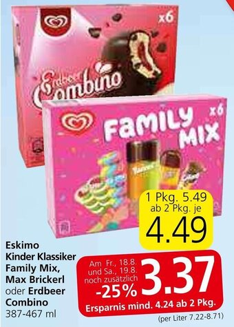 Spar Eskimo Kinder Klassiker Family Mix, Max Brickerl oder Erdbeer Combino 387-467 ml Angebot