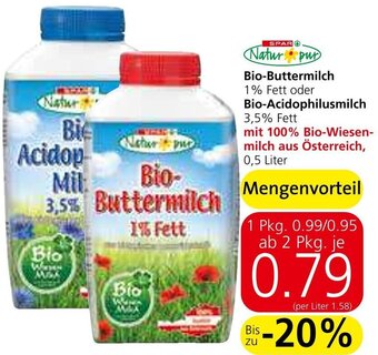 Spar Bio-Buttermilch 1% Fett oder Bio-Acidophilusmilch 3,5% Fett 0,5 Liter Angebot