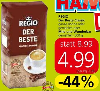 Spar REGIO Der Beste Classic ganze Bohne oder gemahlen oder Mild und Wunderbar gemahlen, 500 g Angebot