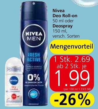 Spar Nivea Deo Roll-on 50 ml oder Deospray 150 ml, versch. Sorten Angebot