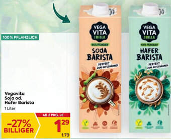 Billa Vegavita Soja od. Hafer Barista 1 Liter Angebot