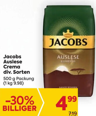 Billa Jacobs Auslese Crema div. Sorten 500 g Packung Angebot