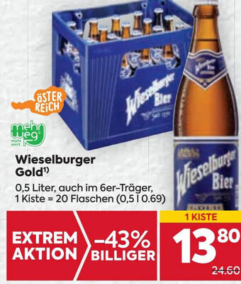 Billa Wieselburger Gold¹ 0,5 Liter, auch im 6er-Träger, 1 Kiste = 20 Flaschen Angebot