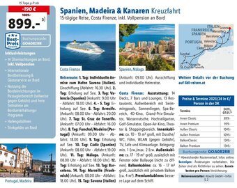 Lidl Spanien, Madeira & Kanaren Kreuzfahrt 15-tägige Reise, Costa Firenze, inkl. Vollpension an Bord Angebot