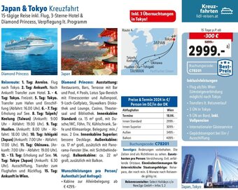 Lidl Japan & Tokyo Kreuzfahrt 15-tägige Reise inkl. Flug, 3-Sterne-Hotel & Diamond Princess, Verpflegung It. Programm Angebot