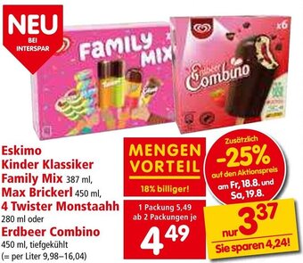 Interspar Eskimo Kinder Klassiker Family Mix 387 ml, Max Brickerl 450 ml, Angebot