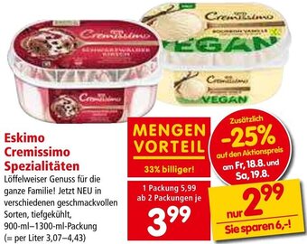Interspar Eskimo Cremissimo Spezialitäten 900-ml-1300-ml-Packung Angebot