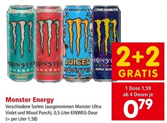 Interspar Monster Energy Verschiedene Sorten (ausgenommen Monster Ultra Violet und Mixxd Punch), 0,5-Liter-EINWEG-Dose Angebot