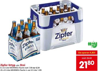 Interspar Zipfer Urtyp oder Drei 6 x 0,5-Liter-MEHRWEG-Flasche Angebot