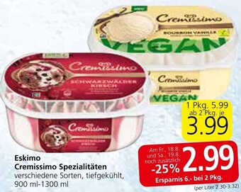 Eurospar Eskimo Cremissimo Spezialitäten verschiedene Sorten, tiefgekühlt, 900 ml-1300 ml Angebot