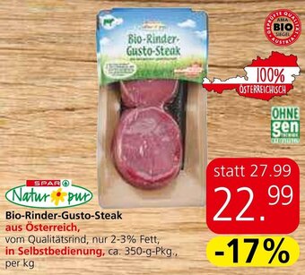 Eurospar Bio-Rinder-Gusto-Steak aus Österreich, vom Qualitätsrind, nur 2-3% Fett, in Selbstbedienung, ca. 350-g-Pkg., per kg Angebot