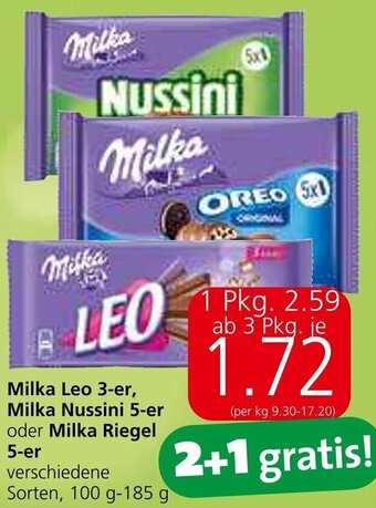 Eurospar Milka Leo 3-er, Milka Nussini 5-er oder Milka Riegel 5-er verschiedene Sorten, 100 g-185 g Angebot