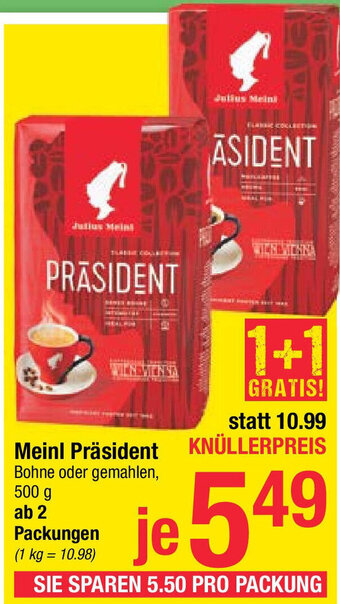 Maximarkt Meinl Präsident Bohne oder gemahlen, 500 g Angebot