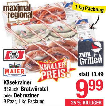 Maximarkt Käsekrainer 8 Stück, Bratwürstel oder Debreziner 8 Paar, 1 kg Packung Angebot
