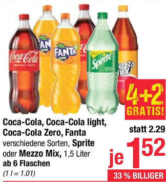 Maximarkt Coca-Cola, Coca-Cola light, Coca-Cola Zero, Fanta verschiedene Sorten, Sprite oder Mezzo Mix, 1,5 Liter ab 6 Flaschen Angebot