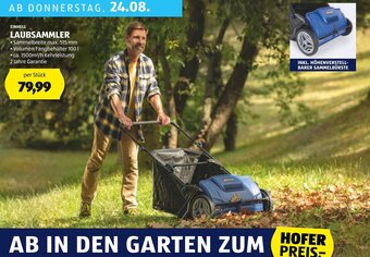 Hofer EINHELL LAUBSAMMLER Sammelbreite max. 515 mm • Volumen Fangbehälter 100 | • ca. 1500m²/h Kehrleistung 2 Jahre Garantie Angebot