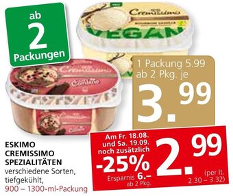 SPAR Gourmet ESKIMO CREMISSIMO SPEZIALITÄTEN verschiedene Sorten, tiefgekühlt, 900-1300-ml-Packung Angebot
