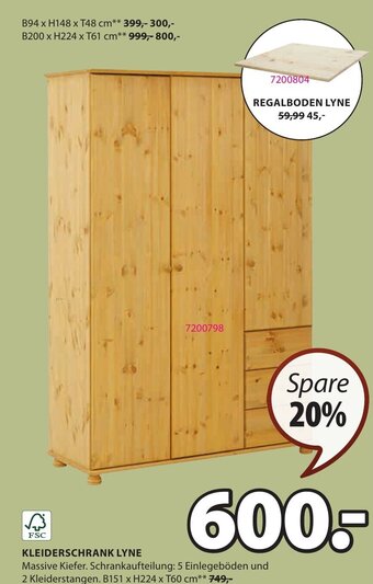 JYSK KLEIDERSCHRANK LYNE Massive Kiefer. Schrankaufteilung: 5 Einlegeböden und 2 Kleiderstangen. B151 x H224 x T60 cm Angebot