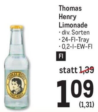 Metro Thomas Henry Limonade • div. Sorten .24-Fl-Tray -0,2-1-EW-FI Angebot