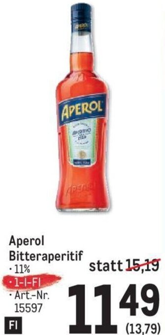 Metro Aperol Bitteraperitif 1-l-Fl Angebot