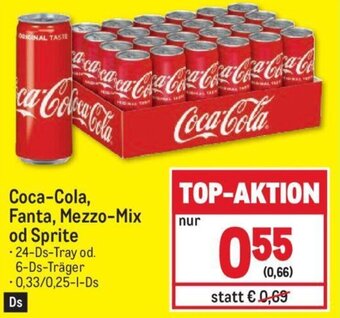 Metro Coca-Cola, Fanta, Mezzo-Mix od Sprite -24-Ds-Tray od. 6-Ds-Träger -0,33/0,25-1-Ds Angebot