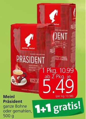 Spar Meinl Präsident ganze Bohne oder gemahlen, 500 g Angebot