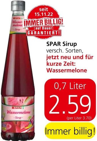 Spar SPAR Sirup versch. Sorten, jetzt neu und für kurze Zeit: Wassermelone 0,7 Liter Angebot