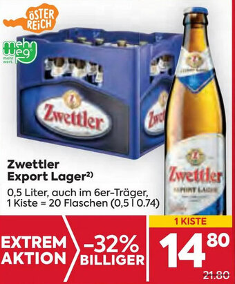 Billa Zwettler Export Lager²) 0,5 Liter, auch im 6er-Träger Angebot