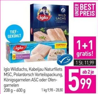 Sutterlüty Iglo Wildlachs, Kabeljau Naturfilets MSC, Polardorsch Vorteilspackung, Königsgarnelen ASC oder Ofen-garnelen 208 g - 600 g Angebot