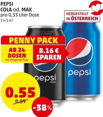 PENNY PEPSI COLA od. MAX pro 0,33 Liter Dose Angebot