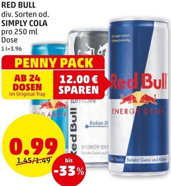 PENNY RED BULL div. Sorten od. SIMPLY COLA pro 250 ml Dose Angebot