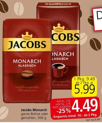 Spar Jacobs Monarch ganze Bohne oder gemahlen, 500 g Angebot
