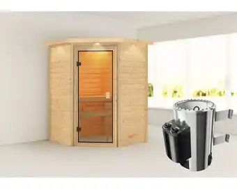 Hornbach Plug & play sauna karibu antonia inkl.3,6kw ofen u.intergr.steuerung mit dachkranz und bronzierter ganzglastüre Angebot