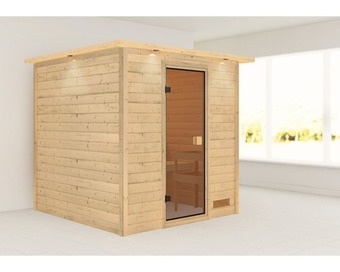 Hornbach Blockbohlensauna karibu jara ohne ofen mit dachkranz und bronzierter ganzglastüre Angebot