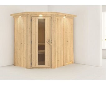 Hornbach Elementsauna karibu carina ohne ofen mit dachkranz und holztüre mit isolierglas wärmegedämmt Angebot