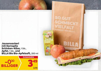 Billa Jausensackerl mit Kornspitz Schinken-Käse, 1 Stk., Apfel, 1 Stk., und BILLA Bio Bio-Apfelsaft, 200 ml Angebot